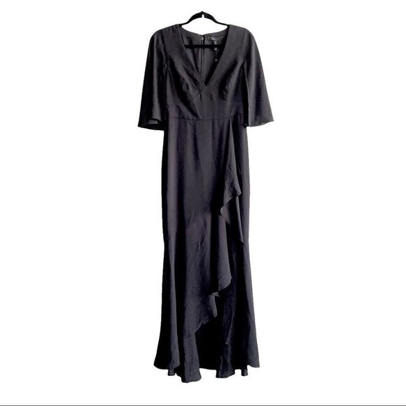 BCBGMAXAZRIA Cape Sleeve V-Neck Asymmetrical Ruffle Maxi Dress Black 6 - Picture 1 of 6